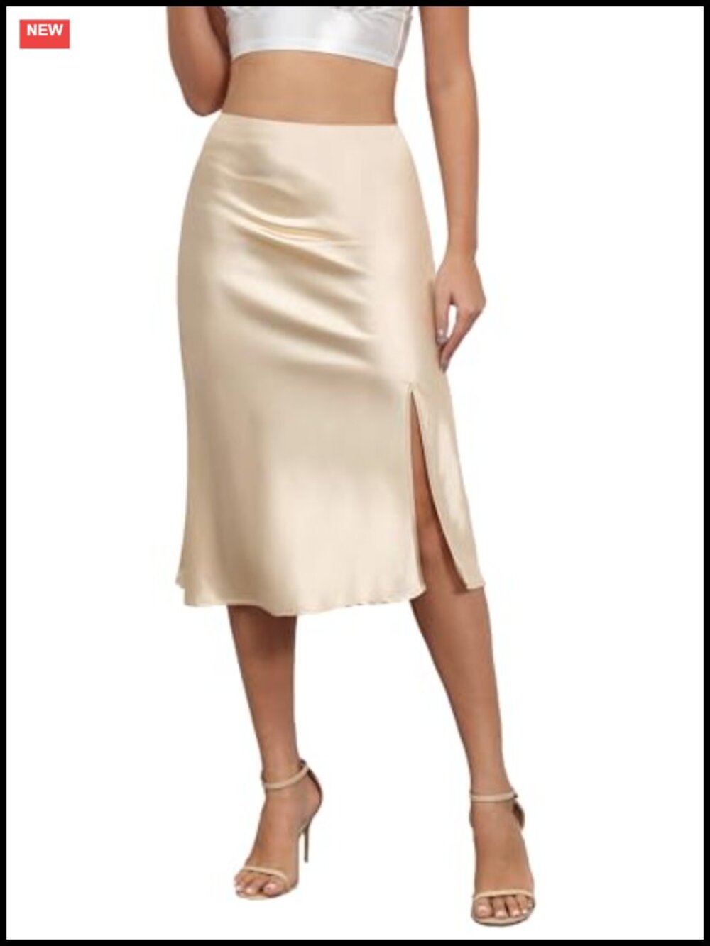 Silky Satin Midi Skirt High Waist A-Line with Slit